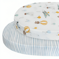 Load image into Gallery viewer, LIVING TEXTILES WATERCOLOUR ROUND/OVAL COT FITTED SHEETS 2PK UP UP & AWAY/STRIPES

