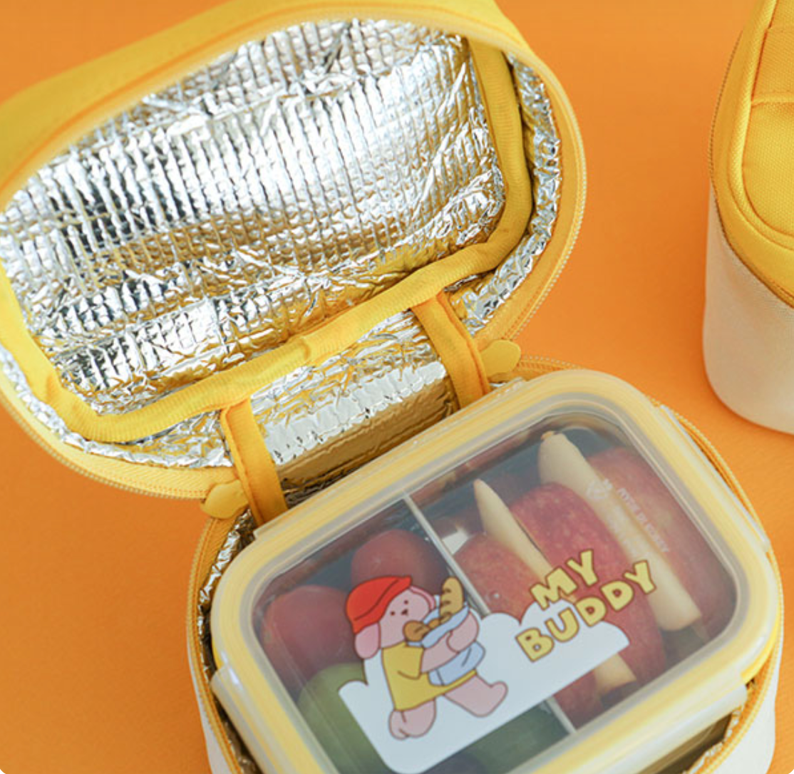 DAILYLIKE My Buddy Stainless 2-Tier Rectangle Lunch Box with Insulated Pouch - Yellow