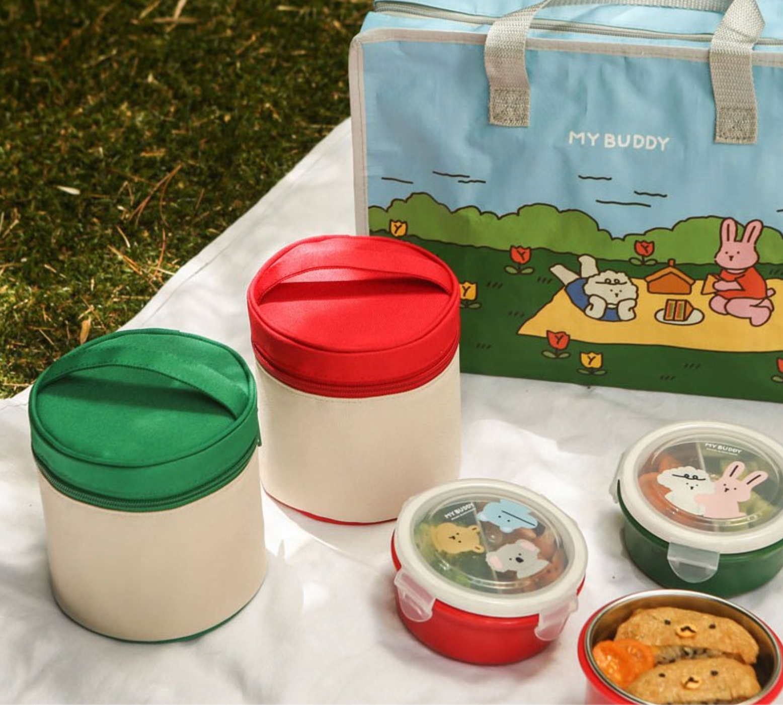 DAILYLIKE Round Stainless Steel 2-Tier Lunch Box Set – [Red / Green]