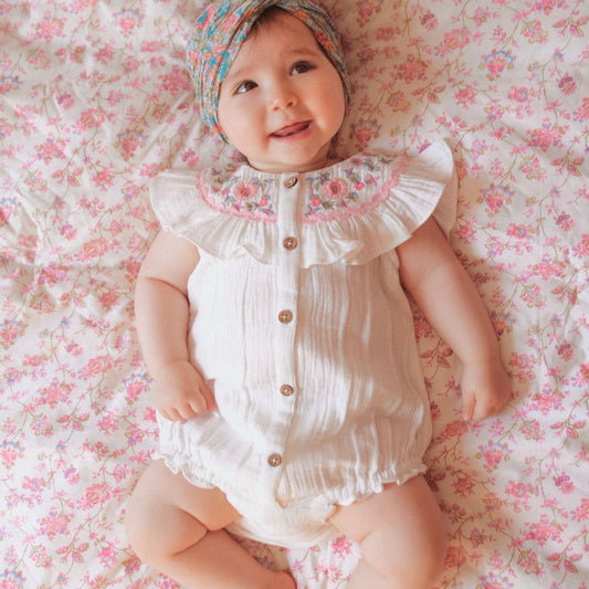 Baby wearing a white romper with ruffled details and a floral headband, lying on a floral blanket.