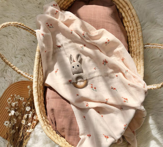 2 Pack Baby Swaddle Set Orange Flowers and Brown Coffee 100% Organic Cotton